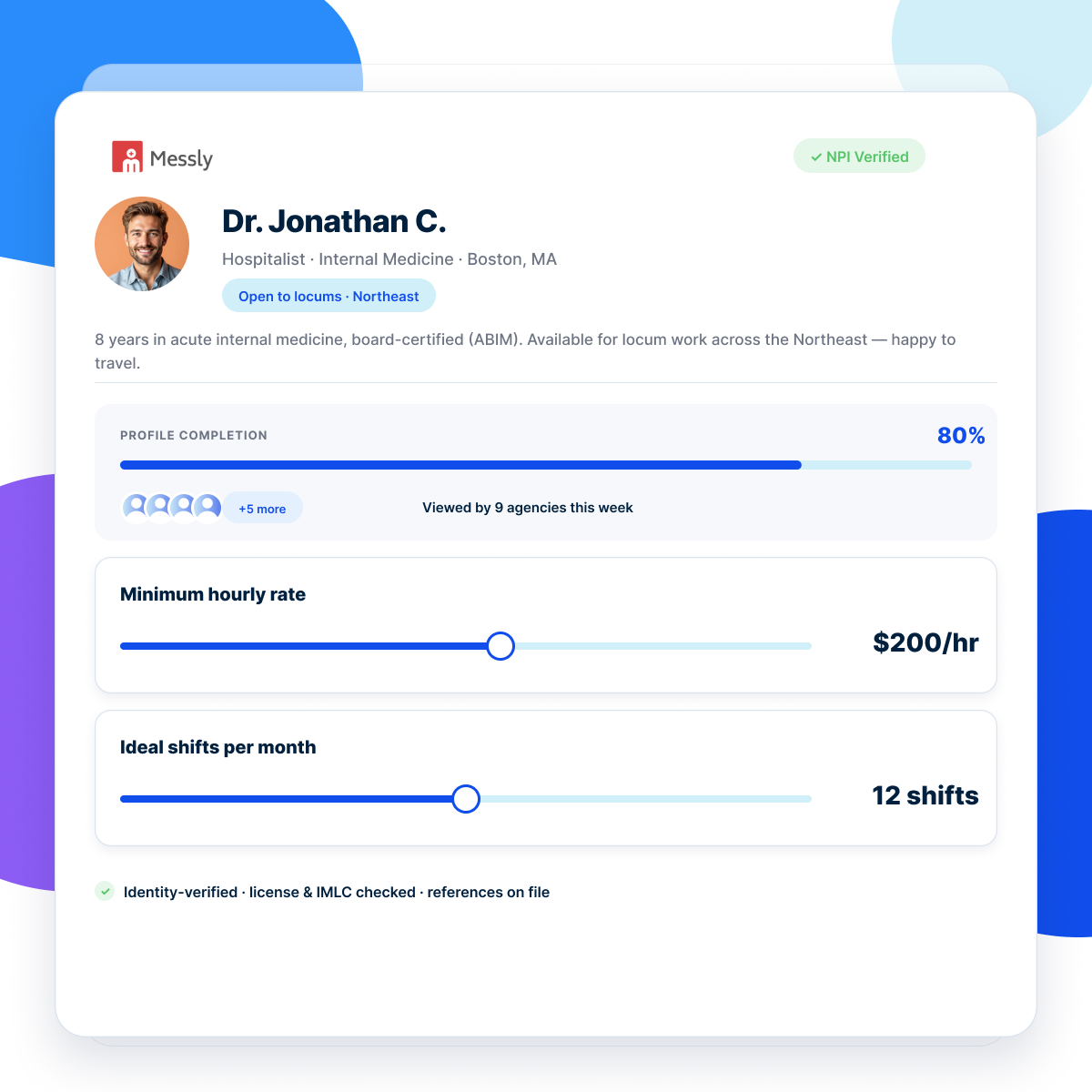 Messly physician profile with rate and schedule preferences